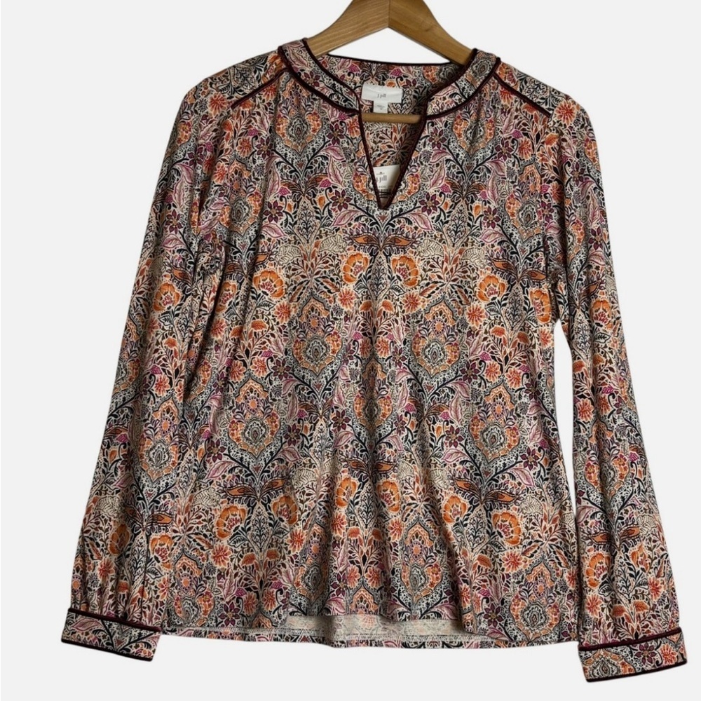 NEW J.Jill Peasant Tunic Top Blouse Long Sleeve XS Floral Boho Velvet Trim - Picture 2 of 7